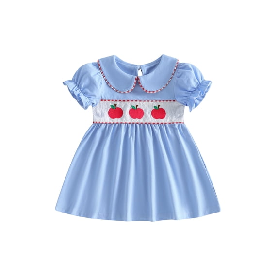 BemeyourBBs Toddler Girls Back to School Dress Outfit Kids Kindergarten Dress Outfits Apple Embroidery Peter Pan Doll Collar Short Sleeve Dress Little Baby Girl Summer Casual Dress