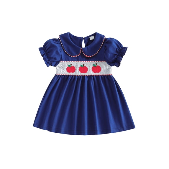 BemeyourBBs Toddler Girls Back to School Dress Outfit Kids Kindergarten Dress Outfits Apple Embroidery Peter Pan Doll Collar Short Sleeve Dress Little Baby Girl Summer Casual Dress