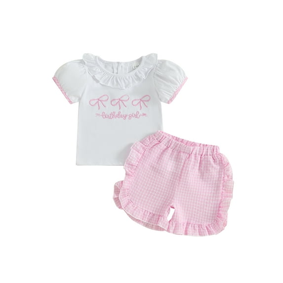BemeyourBBs Toddler Girls Birthday Outfits Letter Bow Embroidery T-Shirts Shorts