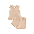 thumbnail image 1 of BemeyourBBs Toddler Girls Summer Clothes Cute Infant Baby Girl Summer 2 Piece Outfit 6 12 18 24 Months 2 3 4 Years Shoulder Bows Sleeveless Ruffled Tank Top and Shorts Set, 1 of 9