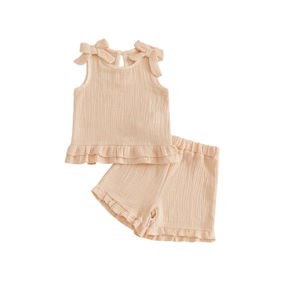 BemeyourBBs Toddler Girls Summer Clothes Cute Infant Baby Girl Summer 2 Piece Outfit 6 12 18 24 Months 2 3 4 Years Shoulder Bows Sleeveless Ruffled Tank Top and Shorts Set
