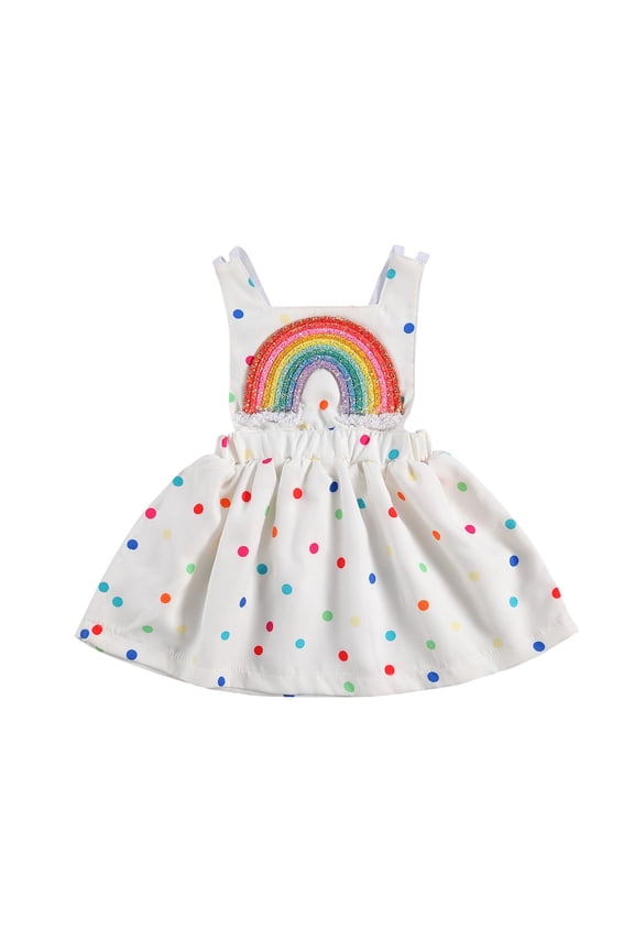 Toddler Infant Baby Girl Summer Rainbow Dress Overalls Little Girl Spring Summer Dress Outfit Sparkly Sequins Rainbow Polka Dot Backless Princess Birthday Party Dresses