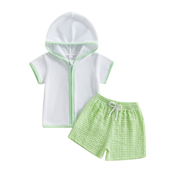 BemeyourBBs Toddler Terry Cloth Swim Cover Up Baby Boy Girl Swimsuit Trunks and Short Sleeve Coverup Towel Zipper Hoodies Top Seersucker Gingham Shorts Set Beach Bathing Suit Swimwear