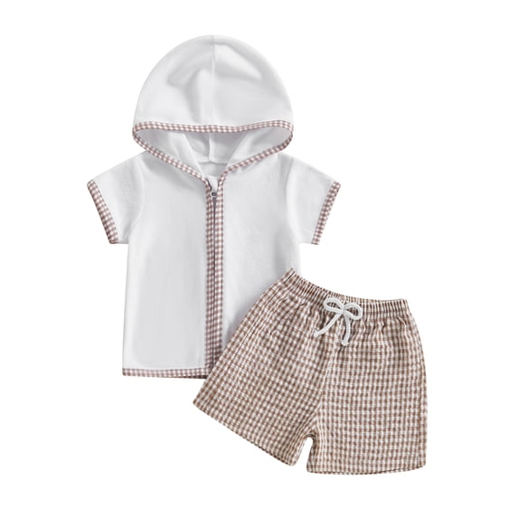 BemeyourBBs Toddler Terry Cloth Swim Cover Up Baby Boy Girl Swimsuit Trunks and Short Sleeve Coverup Towel Zipper Hoodies Top Seersucker Gingham Shorts Set Beach Bathing Suit Swimwear
