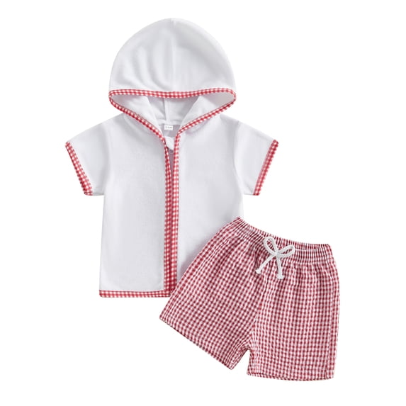 BemeyourBBs Toddler Terry Cloth Swim Cover Up Baby Boy Girl Swimsuit Trunks and Short Sleeve Coverup Towel Zipper Hoodies Top Seersucker Gingham Shorts Set Beach Bathing Suit Swimwear