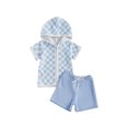 thumbnail image 1 of BemeyourBBs Toddler Terry Cloth Swim Cover Up Baby Boy Girl Swimsuit Trunks and Short Sleeve Plaid Striped Coverup Towel Zipper Hoodies Top Shorts Set Beach Bathing Suit Swimwear, 1 of 9