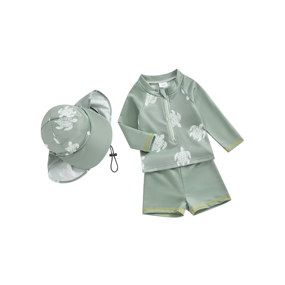 BemeyourBBs Toddlers Baby Boy Girl 3 Piece Swimsuit Infant Bathing Suit Turtle Swim Shirt Trunk Shorts Set and Sun Hat Long Sleeve Swimwear Sunsuit UPF 50+ Rash Guard