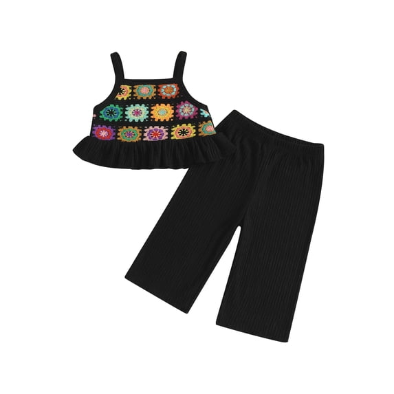 BemeyourBBs Vintage Toddler Baby Girls Summer 2 Piece Outfits Crocheted Flowers Fruit Ruffled Camisole Spaghetti Strap Tank Cami Top and Elastic Wide Leg Pants Set