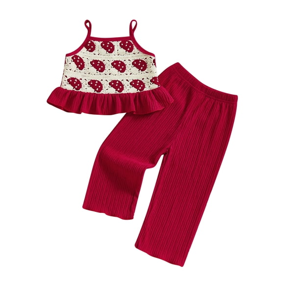 BemeyourBBs Vintage Toddler Baby Girls Summer 2 Piece Outfits Crocheted Flowers Fruit Ruffled Camisole Spaghetti Strap Tank Cami Top and Elastic Wide Leg Pants Set