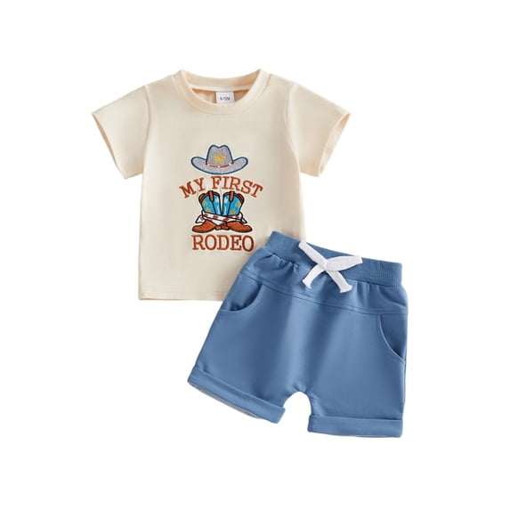 BemeyourBBs Western Baby Boy Summer Clothes Cowboy My First Rodeo Outfit Letter Boots Cowgirl Hat Embroidered Short Sleeve T Shirt Tops and Shorts Set