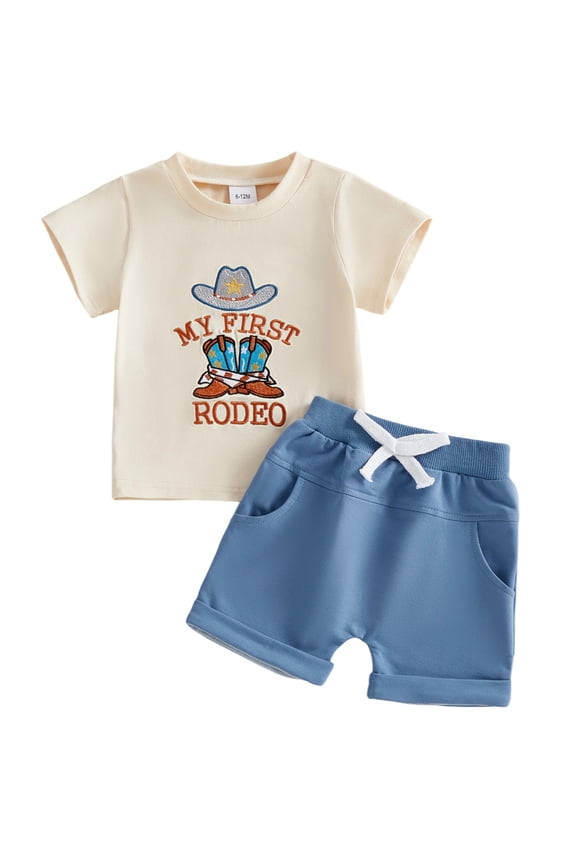 Western Baby Boy Summer Clothes Cowboy My First Rodeo Outfit Letter Boots Cowgirl Hat Embroidered Short Sleeve T Shirt Tops and Shorts Set