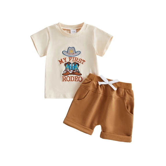 BemeyourBBs Western Baby Boy Summer Clothes Cowboy My First Rodeo Outfit Letter Boots Cowgirl Hat Embroidered Short Sleeve T Shirt Tops and Shorts Set