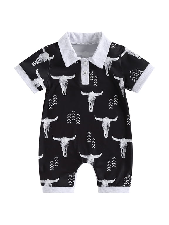 Western Baby Boy Summer Clothes Newborn Baby Boy Cowboy Outfit Button Down Romper Infant Short Sleeve Lapel Collared Bull Head Print Jumpsuit