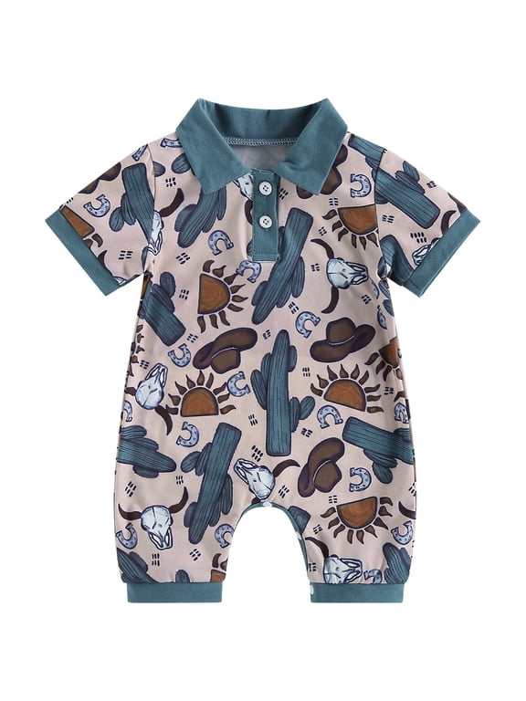 Western Baby Boy Summer Clothes Newborn Baby Boy Cowboy Outfit Button Down Romper Infant Short Sleeve Lapel Collared Bull Head Print Jumpsuit