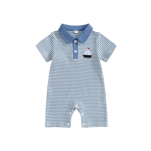 BemeyourBBs Western Baby Boy Summer Clothes Newborn Baby Boy Cowboy Outfit Waffle Knit Striped Romper Casual Sailboat Cowgirl Hat Boots Embroidered Button Short Sleeve Infant Jumpsuit