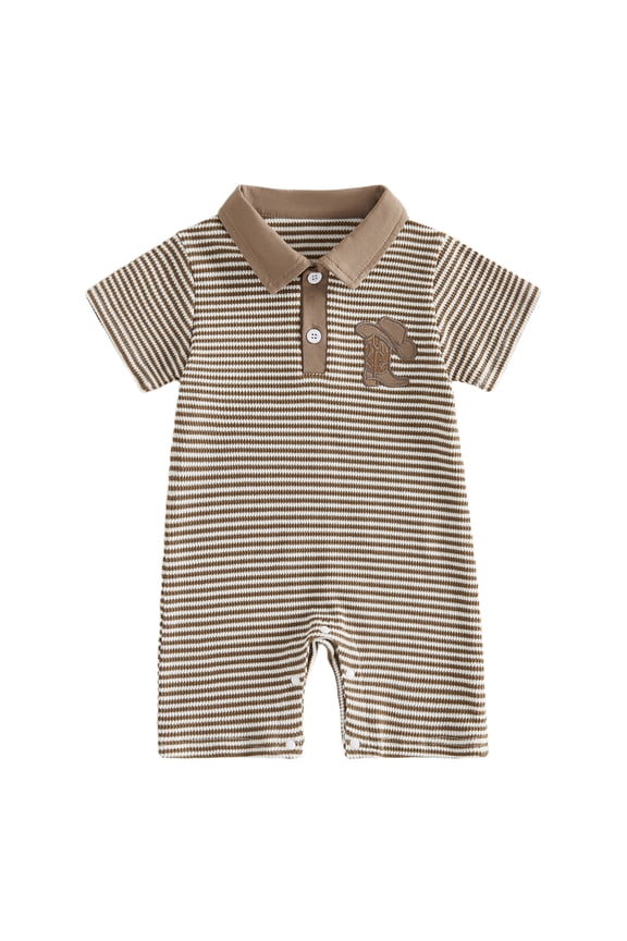 Western Baby Boy Summer Clothes Newborn Baby Boy Cowboy Outfit Waffle Knit Striped Romper Casual Sailboat Cowgirl Hat Boots Embroidered Button Short Sleeve Infant Jumpsuit