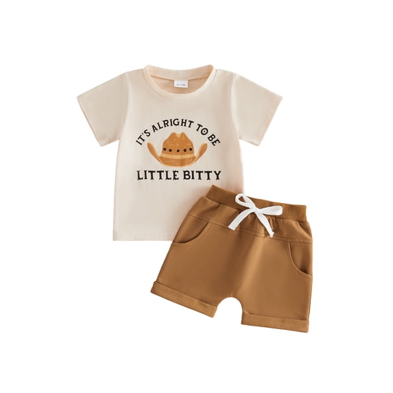 BemeyourBBs Western Baby Boy Summer Clothes Toddler Baby Boys Cowboy Outfit It's Alright To Be Little Bitty Letters Short Sleeve Cowgirl Hat Print T-Shirt Shorts Set Toddler Baby Boys Summer Outfit