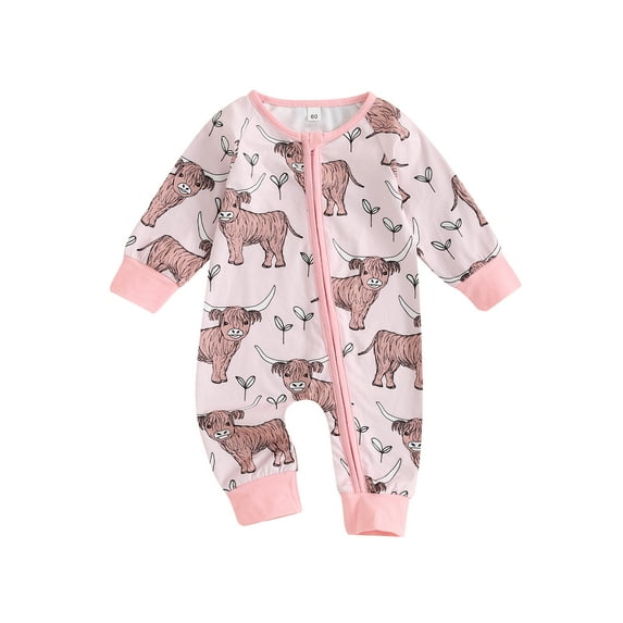 BemeyourBBs Western Baby Clothes Newborn Baby Boy Girl Cowboy Cowgirl Outfit Romper Cattle Print Long Sleeve Zip-up Full Length Jumpsuit Spring Fall Winter Clothes
