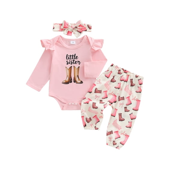 BemeyourBBs Western Baby Girl Cowgirl Clothes Newborn Baby Girls Litter Sister Outfit Letter Long Sleeve Romper Boot Print Pants Set Bow Headband 3 Pcs Spring Fall Winter Clothing