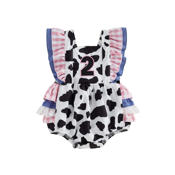 BemeyourBBs Western Baby Girl Cowgirl Clothes Toddler Baby Girl Birthday Outfit 1st 2nd Years Old Birthday Clothes Bubble Romper Cow Print Flying Sleeve Bpdysuit Playsuit Summer Clothing