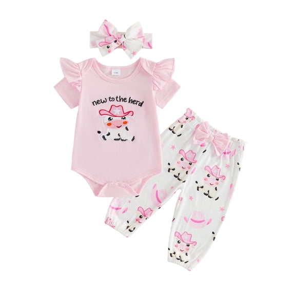 BemeyourBBs Western Baby Girl Cowgirl Outfits Newborn Baby Girl Hospital Going Home Outfit New To Herd Letters Short Sleeve Cow Embroidery Romper Pants Set Headband 3Pcs Spring Summer Fall Clothing
