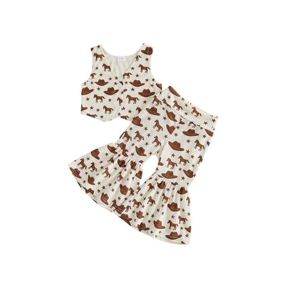 BemeyourBBs Western Baby Girl Cowgirl Outfits Toddler Baby Girl Summer Clothes Horse Star Hat Print V Neck Sleeveless Button Down Tank Vest Tops and Bell Bottoms Flare Pants Set