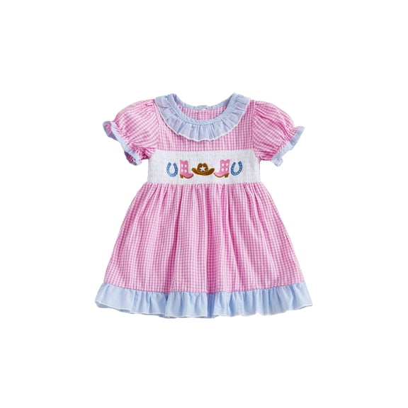 BemeyourBBs Western Baby Girl Summer Clothes Toddler Baby Girl Cowgirl Outfit Smocked Plaid Dress Boot Cowgirl Hat Embroidered Ruffle Trim Short Sleeve A-line Dress Cute Summer Spring Clothes