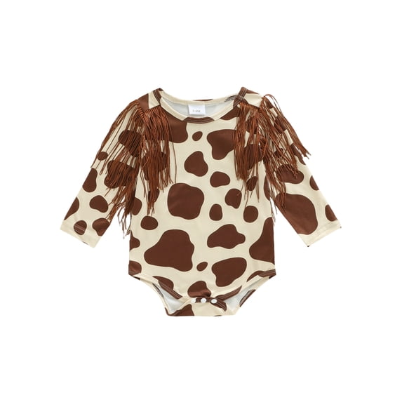 BemeyourBBs Western Baby Girls Clothes Newborn Baby Girls Cowgirl Outfit Fringe Bubble Rompers Cute Long Sleeve Cow Skin Print Tassel Bodysuit Playsuit