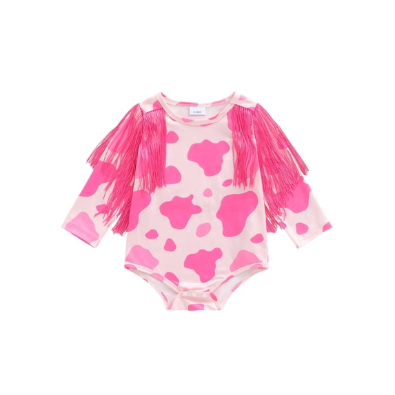BemeyourBBs Western Baby Girls Clothes Newborn Baby Girls Cowgirl Outfit Fringe Bubble Rompers Cute Long Sleeve Cow Skin Print Tassel Bodysuit Playsuit