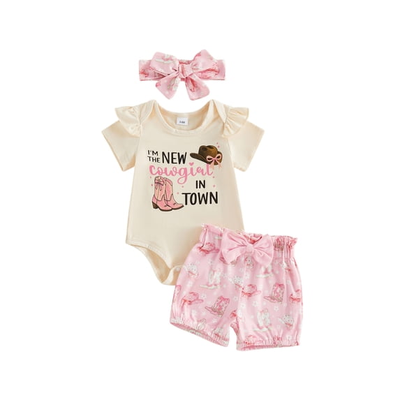 BemeyourBBs Western Baby Girls Summer Clothes Newborn Baby Girl Cowgirl Outfits I'm the New Cowgirl in the Town Letter Print Flying Sleeve Romper Boots Cowgirl Hat Print Shorts Headband Sets