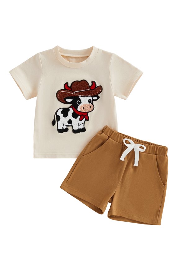Western Cowboy Baby Boy Clothes Toddler Baby Boy Summer Outfit Cattle Embroidered Crew Neck Short Sleeve TShirt Tops and Shorts Set
