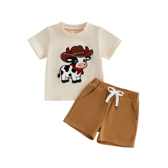 BemeyourBBs Western Cowboy Baby Boy Clothes Toddler Baby Boy Summer Outfit Cattle Embroidered Crew Neck Short Sleeve TShirt Tops and Shorts Set