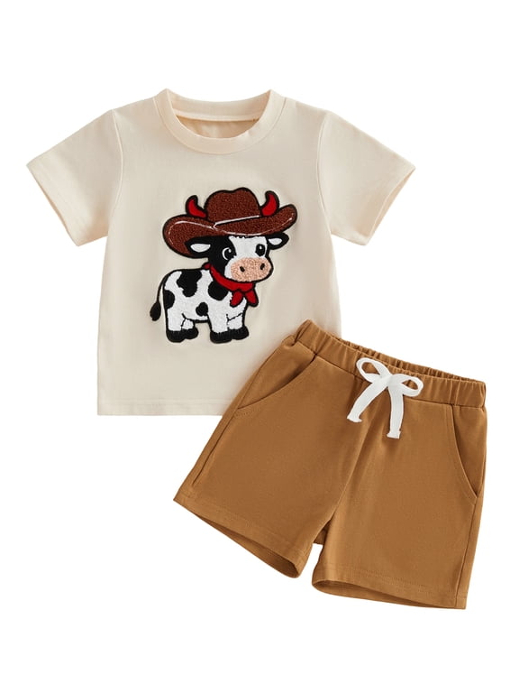 Western Cowboy Baby Boy Clothes Toddler Baby Boy Summer Outfit Cattle Embroidered Crew Neck Short Sleeve TShirt Tops and Shorts Set