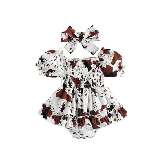 BemeyourBBs Western Newborn Baby Girl Cowgirl Outfit Smocked Romper Dress Puff Short Sleeve Off-shoulder Cow Skin Printed Dress with Headband