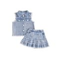 thumbnail image 1 of BemeyourBBs Western Toddler Baby Girls Cowgirl Clothes Infant Baby Girl Summer Denim Outfit Solid Color Sleeveless Denim Tank Jacket Tops With Ruffle Jeans Skirt Set, 1 of 9
