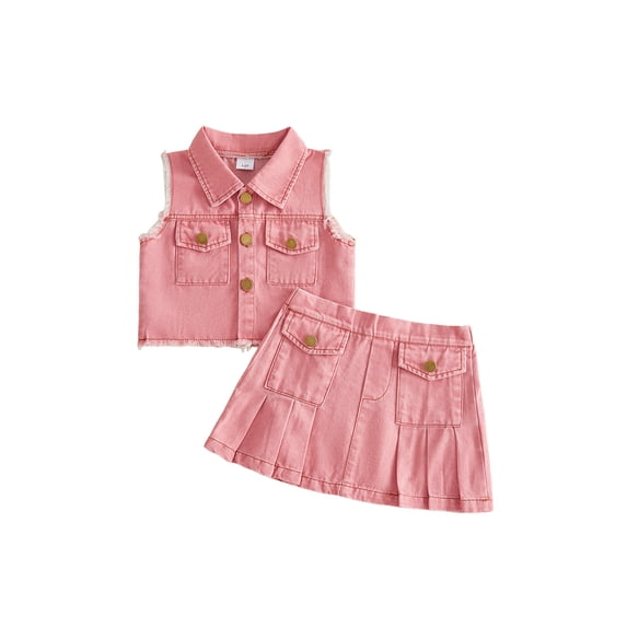 BemeyourBBs Western Toddler Baby Girls Cowgirl Clothes Infant Baby Girl Summer Denim Outfit Solid Color Sleeveless Denim Tank Jacket Tops With Ruffle Jeans Pleated Skirt Set