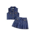 thumbnail image 1 of BemeyourBBs Western Toddler Baby Girls Cowgirl Clothes Infant Baby Girl Summer Denim Outfit Solid Color Sleeveless Denim Tank Jacket Tops With Ruffle Jeans Pleated Skirt Set, 1 of 9