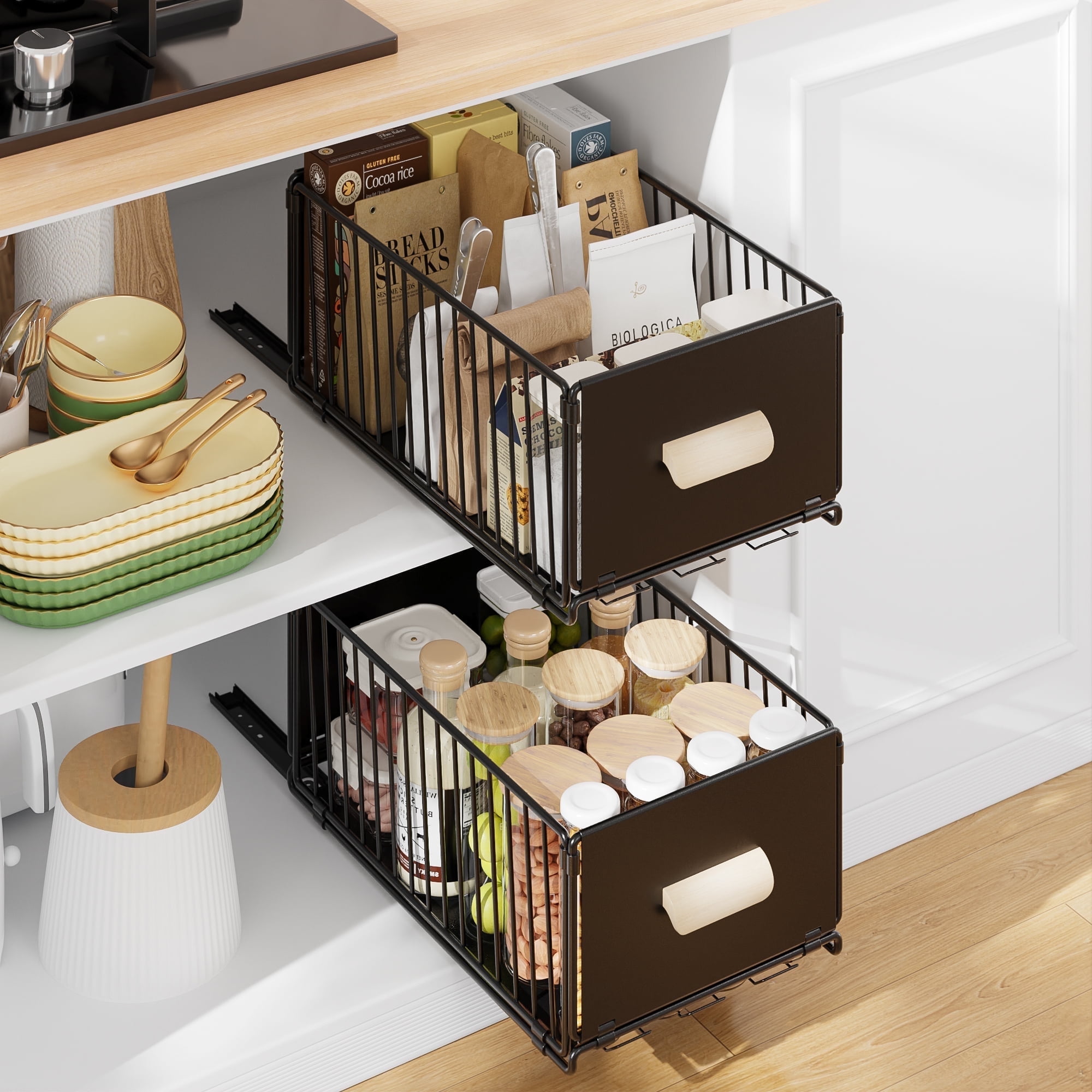 Bemico 2 Pack Pull Out Cabinet Organizer, No Drill Slide Out Pantry Shelves Drawers with Handle for Kitchen, Cupboard, Bathroom, Pantry, Sink, 15.75"Dx9.45"Wx6.69"
