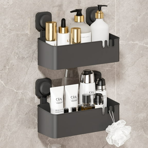 Bemico 2 Pack Shower Caddy Suction Cup, Heavy Duty Shower Organizer Removable Bathroom Shelf for Shower, Shampoo, Wall Mounted Plastic Shower Storage for Bathroom Accessories Holder, Dark Gray