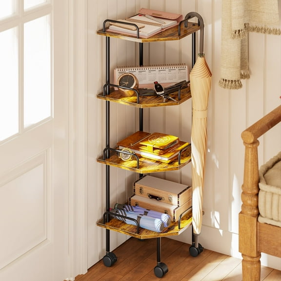 Mintazer 4 Tier Bathroom Corner Shelf with Wheels, 36" Tall Corner Storage Organizer Industrial Bookcase Display for Bedroom, Living Room, Office, Kitchen, Brown