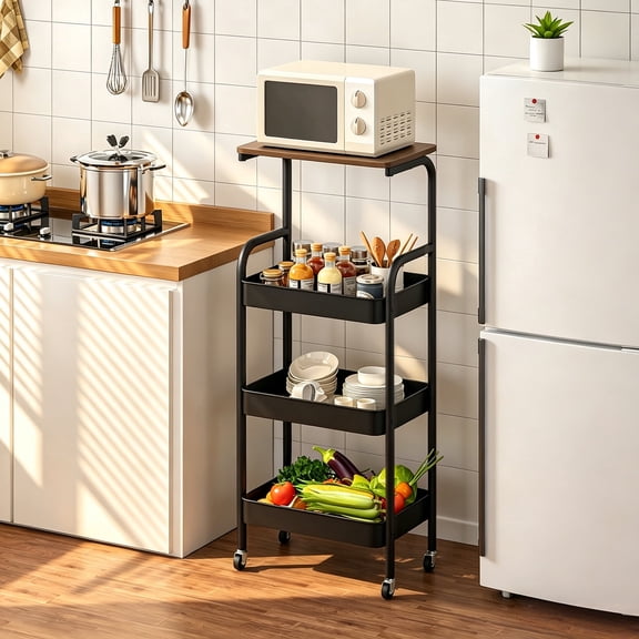 Bemico 4-Tier Kitchen Rolling Cart with Tabletop, Metal Rolling Storage Cart with 2 Lockable Wheels, Craft Cart Organizer with Basket for Laundry Bedside Kitchen Snack Coffee, Black