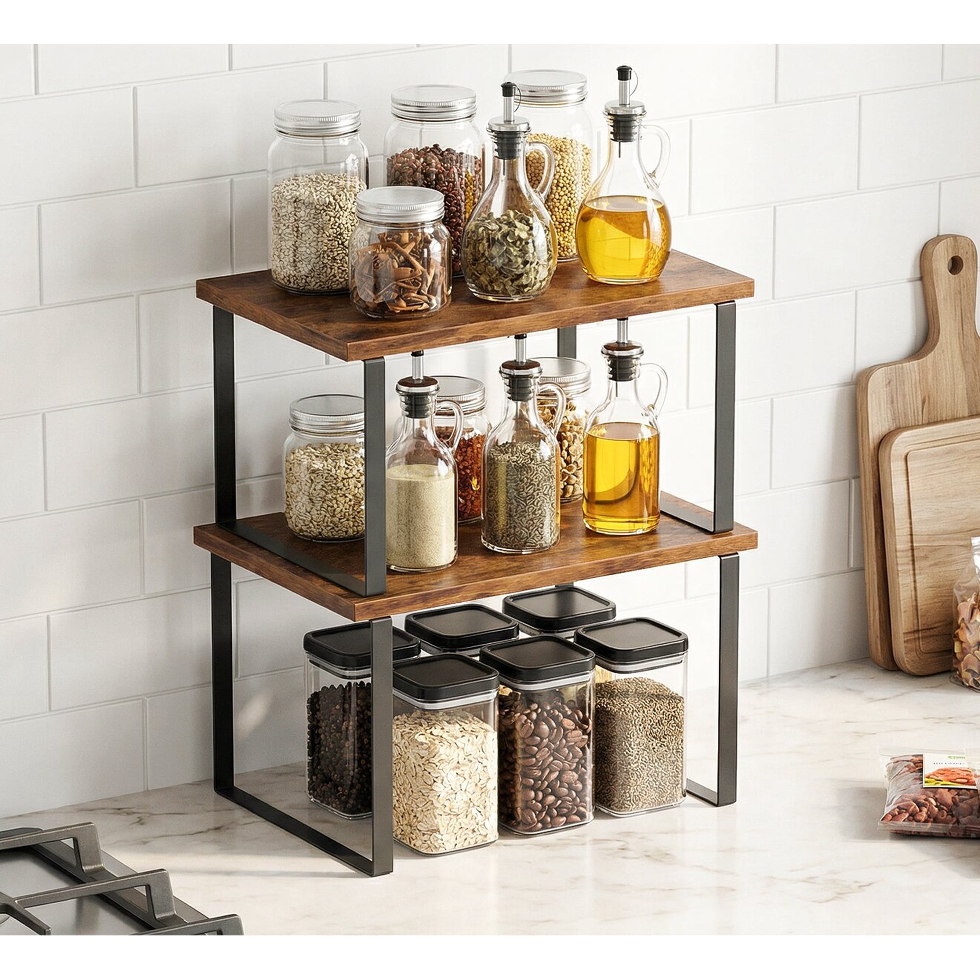 Bemico Cabinet Organizer Shelf, Set of 2 Kitchen Counter Shelves, Spice Rack, Kitchen Storage for Pantry, Stackable and Expandable, Brown