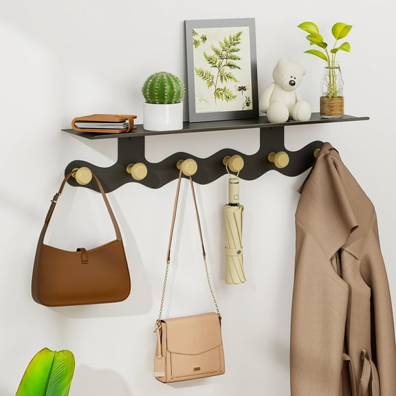 Bemico Coat Rack Wall Mount with Shelf, Bathroom Wall Hooks with Shelf, Coat Hangers for Entryway, Living Room, Bedroom, Gray