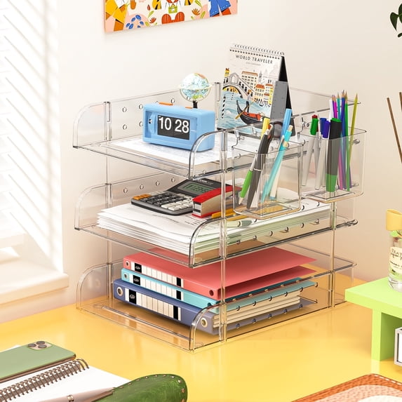 Note Organizer Book Bemico Paper Organizer Letter Tray with 2 Pen Holder, 3-Tier Acrylic ...