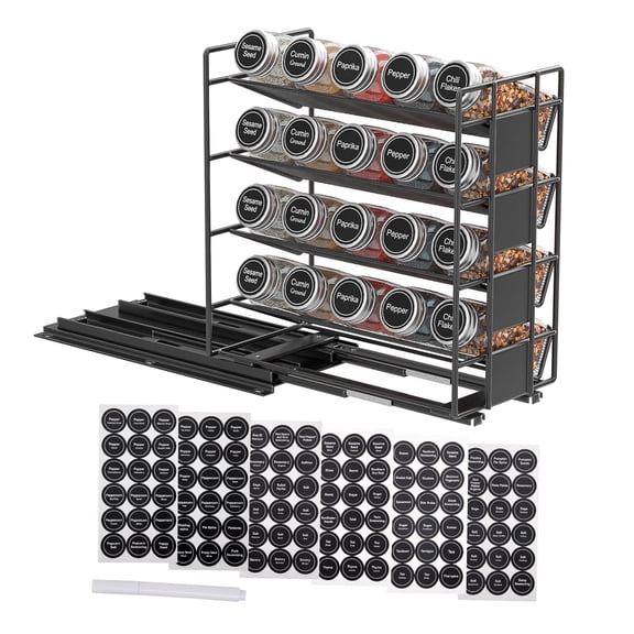 Bemico Pull Out Spice Rack Organizer with 20 Jars, Metal Slide Out Seasoning Organizer for Kitchen Cabinets with 108 Labels and Chalk Marker, Left Facing