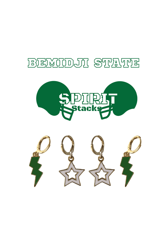 Bemidji State University Spirit Stack green mini enamel bolts and white statement open starboys