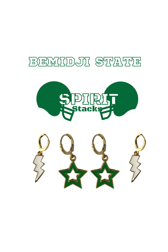 Bemidji State University Spirit Stack white mini enamel bolts and green statement open starboys