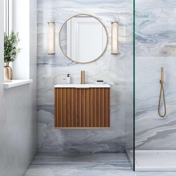Bemma V-Tr24swm-S-1 Terra 24" Wall Mounted Single Basin Vanity Set - Walnut / White Quartz