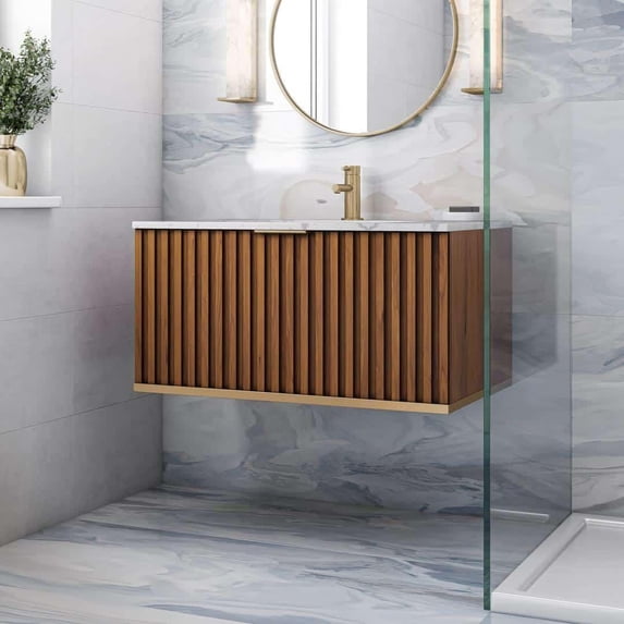 Bemma V-Tr36swm-S-1 Terra 36" Wall Mounted Single Basin Vanity Set - Walnut / Carrara
