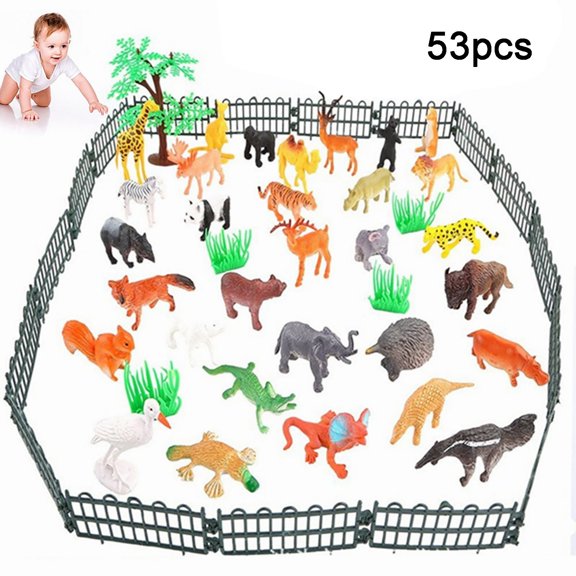 Bemona 53 Piece Jungle Farm Animals Toys Set, Forest Small Realistic Wild Animals Action Figures Vinyl Plastic Animal Learning,Plastic